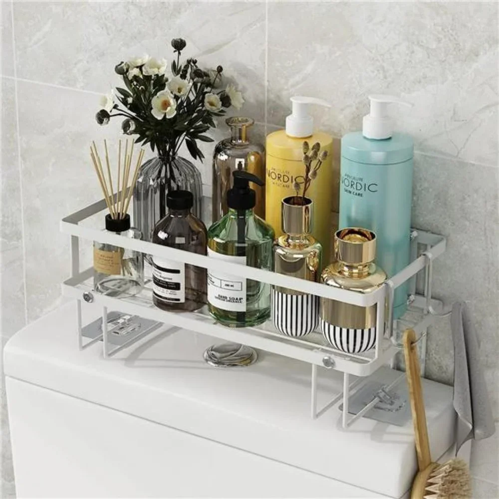 Bathroom Shelf with 2 Hooks, Freestanding & No Drilling Design, (White, 1-Tier)